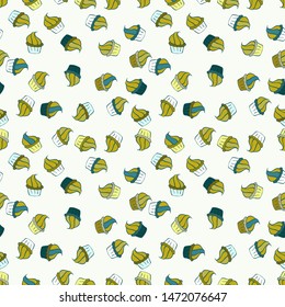 Wrapping paper. Seamless with cupcake. Vector illustration. For food poster design on green, neutral and yellow.