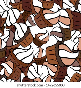 Wrapping paper. Seamless with cupcakes. Vector illustration. For food poster design on black, brown and white.