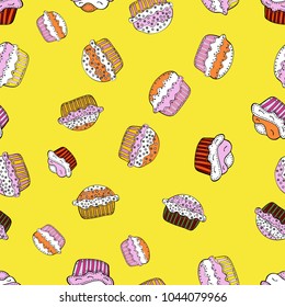 Wrapping paper. Seamless pattern with cakes. Nice birthday background on yellow, white and neutral. Vector illustration.