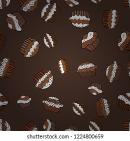 Wrapping paper. Seamless pattern with cakes. Nice birthday background on brown, white and black. Vector illustration.