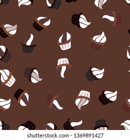 Wrapping paper. Seamless pattern of cupcakes on a black, white and brown background. Vector illustration.