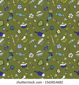 Wrapping paper. Seamless pattern of cupcakes on a black, white and green background. Vector illustration.