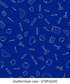 Wrapping paper seamless pattern for stationery for school like scissors, pencil, pen and ruler in line art style on a colored background
