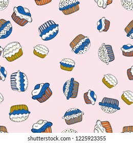 Wrapping paper. Seamless pattern with sweet desserts. Endless pattern, neutral, white and blue background. Vector illustration. Neutral, white and blue color. Cream.