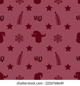 Wrapping paper with silhouette character of santa claus, reindeer, snowflakes, christmas tree and stars. Seamless pattern with santa on red background. New year concept. 