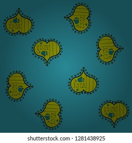 Wrapping paper. Sketch heart elements on green, black and blue colors. Vector illustration. Love repeated backdrop for girl, textile, clothes. Valentine':s day. Seamless love pattern.