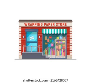 Wrapping Paper Store Shop Building Storefront. City Street Building, Commercial Property Or Flat Vector Shop Showcase With Canopy, Paper Packets In Window And Open Sign On Door