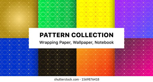 Wrapping paper template collection. Set of Geometric shape pattern on colorful golden, green, orange gradient background for website, retro wallpaper, fashion products printing, packaging.
