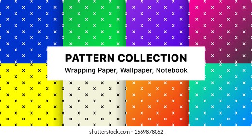 Wrapping paper template collection. Set of Geometric shape cross pattern; isolated on colorful gradient background for website, retro wallpaper, fashion products printing, packaging. EPS 10