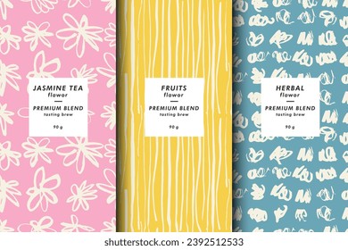 Wrapping paper template. Vector set of design elements and icons. Linear style for tea package - gray and green tea. Seamless pattern