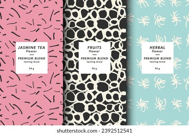 Wrapping paper template. Vector set of design elements and icons. Linear style for tea package - gray and green tea. Seamless pattern