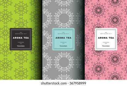 Wrapping paper template. Vector set of design elements and icons. Linear style for tea package - gray and green tea. Seamless pattern