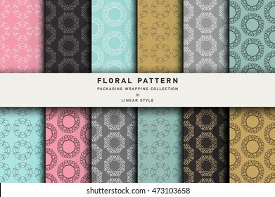 Wrapping paper template. Vector set of design elements and icons. Linear style for  package. Seamless pattern Pattern for cafe, sweet-shop