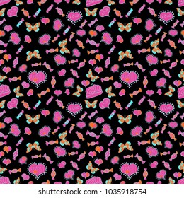 Wrapping paper. Valentine':s day. Vector. Seamless Love doodle romantic background vector with hearts. Drawing in sketch style on black, pink and blue colors. Wedding and invatation card concept.