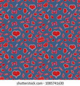 Wrapping paper. Valentine':s day. Vector illustration. Sketch heart elements on blue, green and black colors. Seamless love pattern. Love repeated backdrop for girl, textile, clothes.