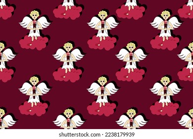 Wrapping paper for valentines gift with cartoon angel on pink cloud. Valentines day banner. Creative walppaper and bed linen print.