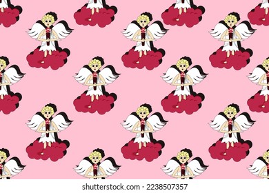 Wrapping paper for valentines gift with cartoon angel on pink cloud. Valentines day banner. Creative walppaper and bed linen print.