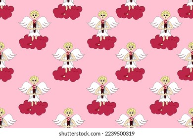 Wrapping paper for valentines gift with cartoon angel on pink cloud. Valentines day banner. Creative walppaper and bed linen print.