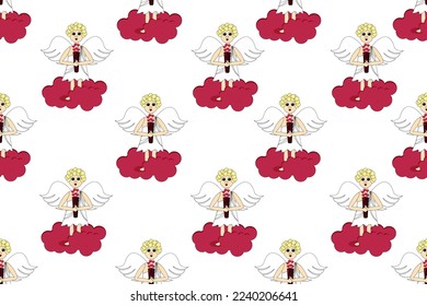 Wrapping paper for valentines gift with cartoon angel on pink cloud. Valentines day banner. Creative walppaper and bed linen print.