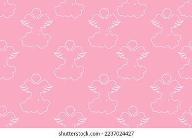 Wrapping paper for valentines gift with pink outline cartoon angel on cloud. Valentines day banner. Creative walppaper and bed linen print.