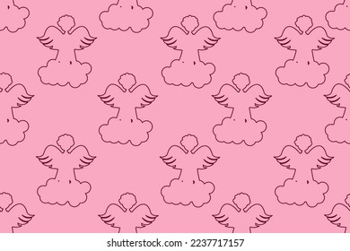 Wrapping paper for valentines gift with pink outline cartoon angel on cloud. Valentines day banner. Creative walppaper and bed linen print.