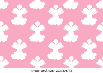 Wrapping paper for valentines gift with white cartoon angel on cloud. Valentines day banner. Creative walppaper and bed linen print.