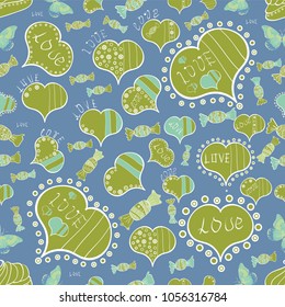 Wrapping paper. Vector. Heart Doodle. Abstract seamless love pattern. Valentine':s day. Drawing in sketch style on blue, yellow and white colors.