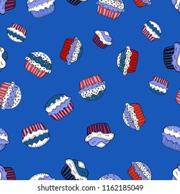 Wrapping paper. Vector illustration. Blue, white and black color. Endless pattern, blue, white and black background. Seamless pattern with sweet desserts. Cream.