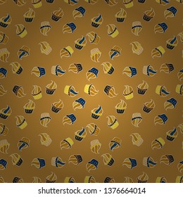 Wrapping paper. Vector illustration. Cake, cap, cone. Seamless bright birthday pattern on yellow, white and blue.