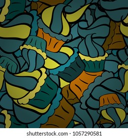Wrapping paper. Vector illustration. Seamless pattern of cupcakes on a blue, black, yellow, green and brown background.