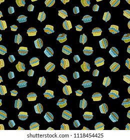 Wrapping paper. Vector illustration. Seamless with cupcake on black, yellow and blue Background. For food poster design.