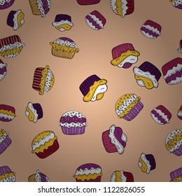 Wrapping paper. Vector illustration. Seamless pattern with cakes. Nice birthday background on beige, white and purple.