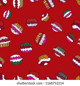 Wrapping paper. Vector illustration. Seamless pattern with cakes. Nice birthday background on red, white and black.