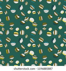 Wrapping paper. Vector illustration. Seamless pattern of cupcakes on a blue, white and brown background.