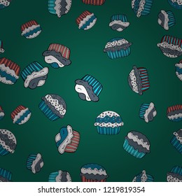 Wrapping paper. Vector illustration. Seamless with cupcake. For food poster design on green, white and blue.