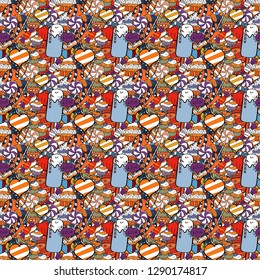 Wrapping paper. Vector illustration. Seamless with cupcake. For food poster design on white, black and orange.