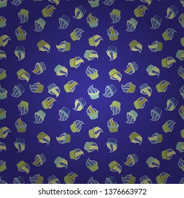 Wrapping paper. Vector illustration. Seamless pattern with sweet desserts. Blue, green and white color. Cream. Endless pattern, blue, green and white background.