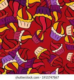 Wrapping paper. Vector illustration. Seamless with cupcakes. For food poster design on black, red and purple.