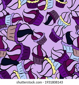 Papel envuelto. Ilustración vectorial. Patrón de pastelitos sin foco en un fondo morado, neutro y negro.