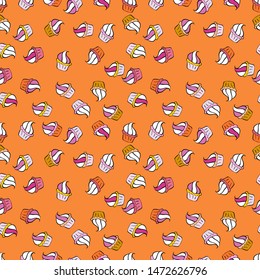Wrapping paper. Vector illustration. Sweets background design. Cupcake seamless pattern. Cute birthday background on pink, orange and white.