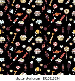 Wrapping paper. Vector. Watercolor seamless pattern with cupcakes. Bright birthday pattern on black, white and neutral.