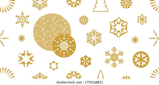 Wrapping paper with Xmas elements. Seamless vector pattern with circles, snowflakes. Template for gifts, cards, flyers. Golden on white.