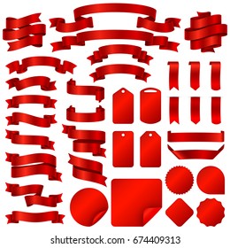 Wrapping red ribbon banners and price tag badges vector set. Illustration of ribbons for price label