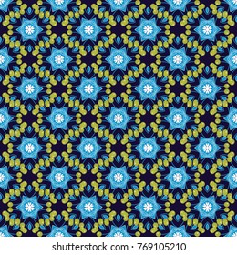 Wrapping and scrapbook paper. Print for fabric or textile. Vector floral mandala. Green, black and blue abstract seamless pattern, Indian ornament.