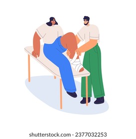 Wrapping strained ankle with elastic bandage. First aid for sprain, foot injury, leg trauma, wound. Woman with joint stretch. Emergency help. Flat vector illustration isolated on white background