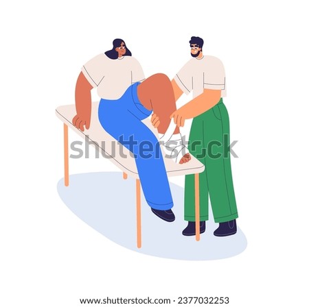 Wrapping strained ankle with elastic bandage. First aid for sprain, foot injury, leg trauma, wound. Woman with joint stretch. Emergency help. Flat vector illustration isolated on white background