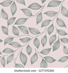 Wrapping tea leaves organic seamless pattern vector. Decorative tea plant bush green leaves floral fabric ornament. Herbal sketchy floral seamless pattern background with nature elements.