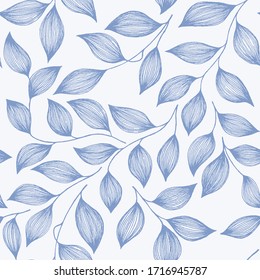 Wrapping tea leaves organic seamless pattern vector. Decorative tea plant bush blue leaves floral fabric ornament design. Herbal sketchy repeating background pattern with nature elements.