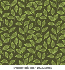 Wrapping tea leaves pattern seamless vector illustration. Minimal tea plant bush leaves floral textile ornament. Herbal sketchy seamless background pattern with nature elements.