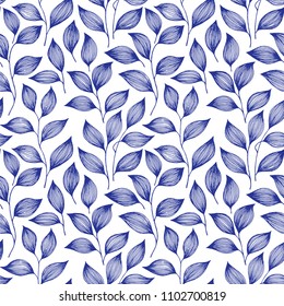 Wrapping tea leaves pattern seamless vector illustration. Minimal tea plant bush leaves floral textile ornament. Herbal sketchy seamless background pattern with nature elements.